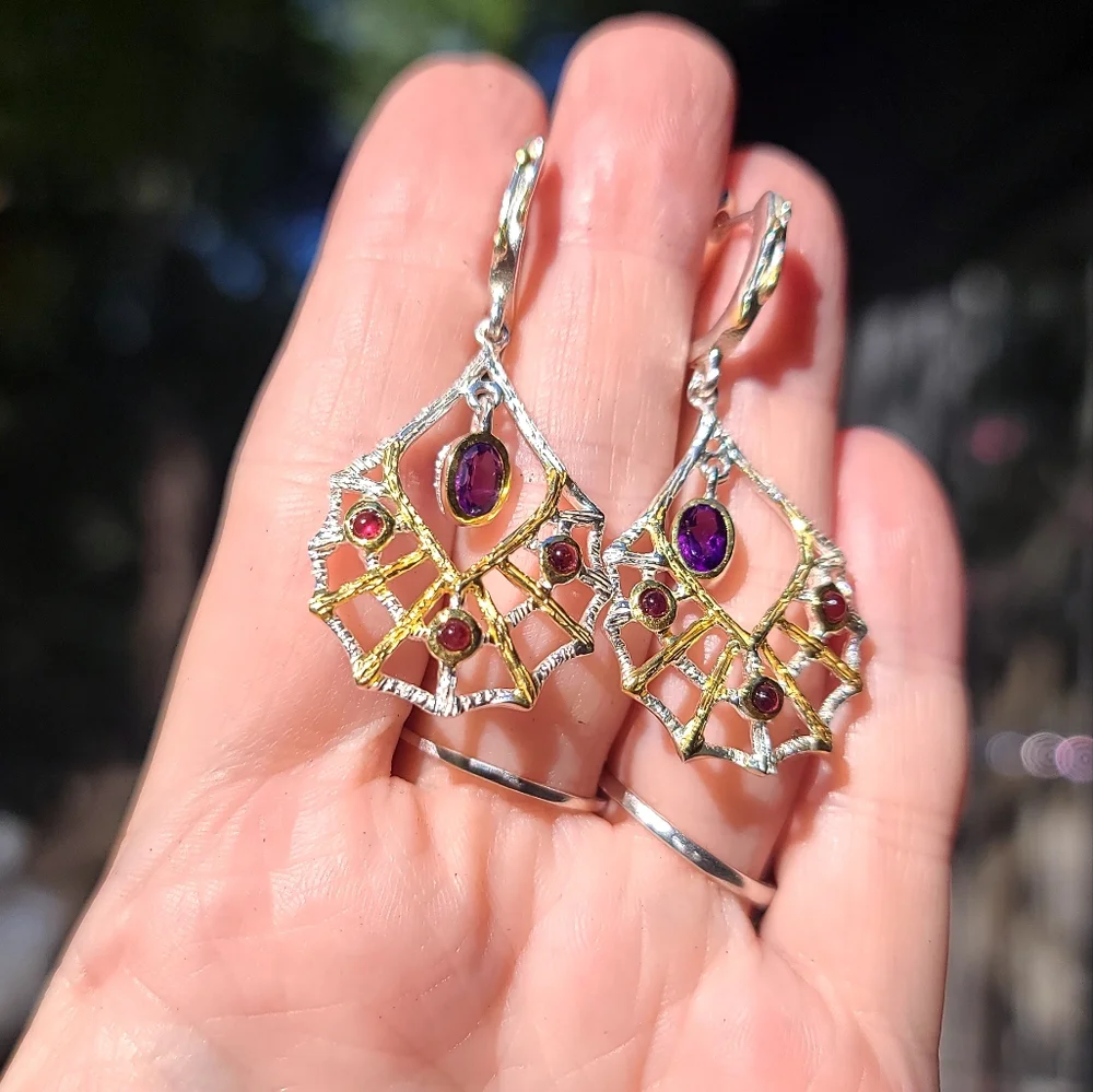 Amethyst & Rhodolite sterling & gold web 🕸 chandelier Earrings - Picture 4 of 5